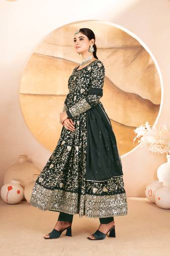Designer green star georgette thread & sequins embroidered anarkali suit with pants & dupatta