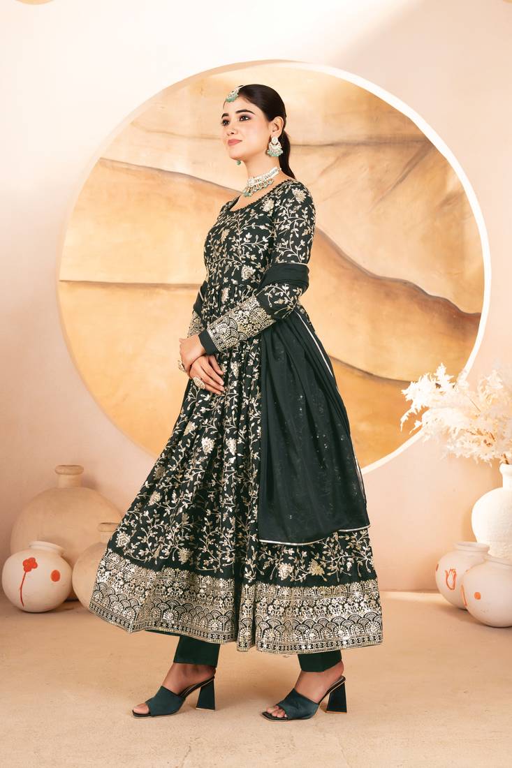 Designer green star georgette thread & sequins embroidered anarkali suit with pants & dupatta