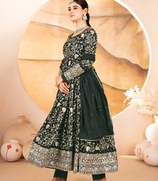 Designer green star georgette thread & sequins embroidered anarkali suit with pants & dupatta