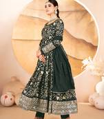 Designer green star georgette thread & sequins embroidered anarkali suit with pants & dupatta
