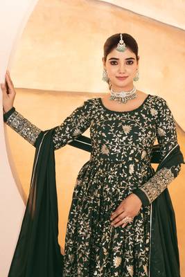 Designer green star georgette thread & sequins embroidered anarkali suit with pants & dupatta 3