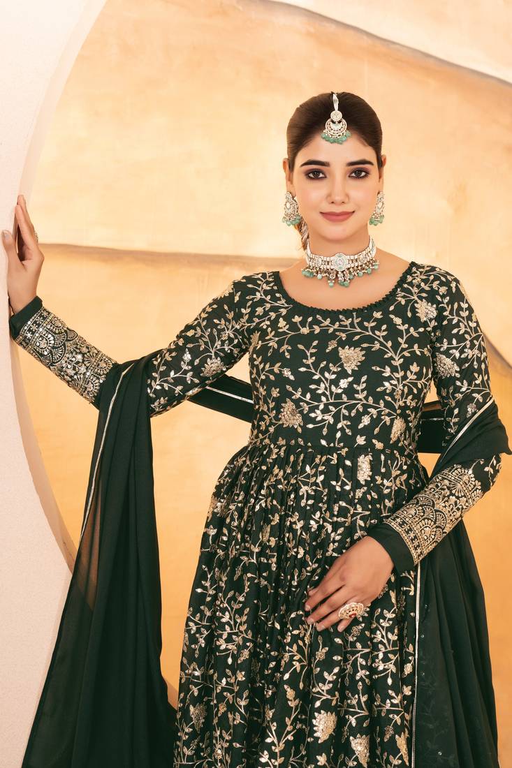 Designer green star georgette thread & sequins embroidered anarkali suit with pants & dupatta