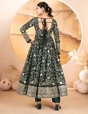 Designer green star georgette thread & sequins embroidered anarkali suit with pants & dupatta 4