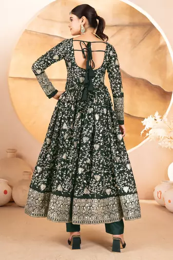 Designer green star georgette thread & sequins embroidered anarkali suit with pants & dupatta