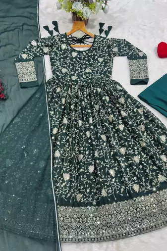 Designer green star georgette thread & sequins embroidered anarkali suit with pants & dupatta