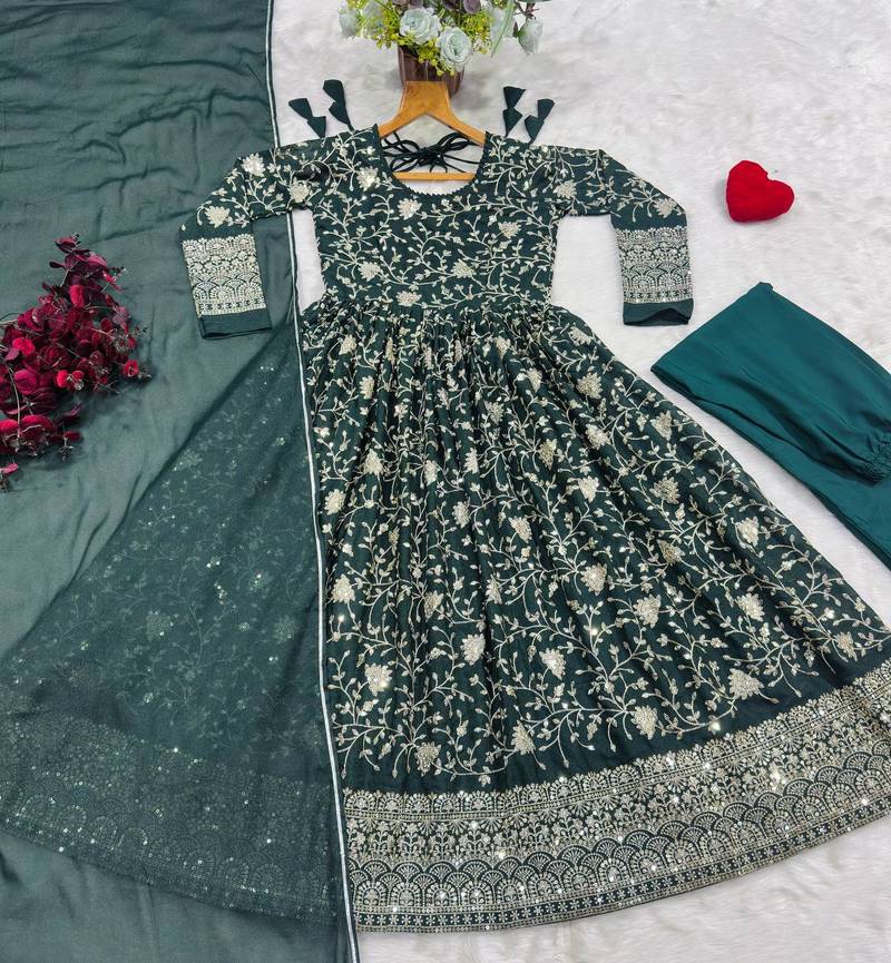 Designer green star georgette thread & sequins embroidered anarkali suit with pants & dupatta