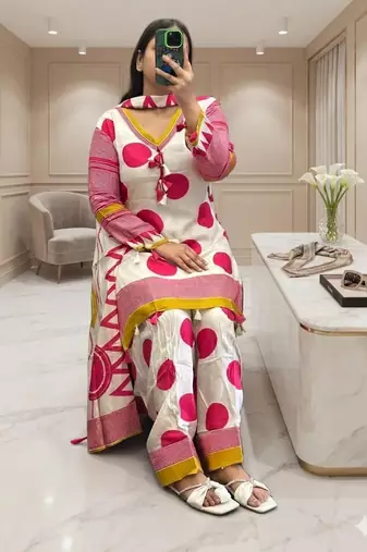 Floral printed pure cotton v neck kurta trouser & dupatta set