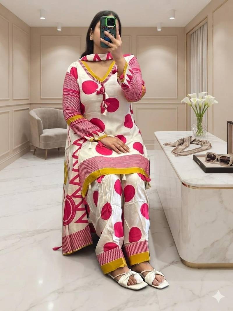 Floral printed pure cotton v neck kurta trouser & dupatta set