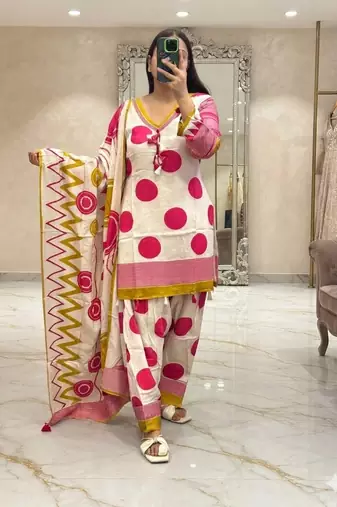Floral printed pure cotton v neck kurta trouser & dupatta set