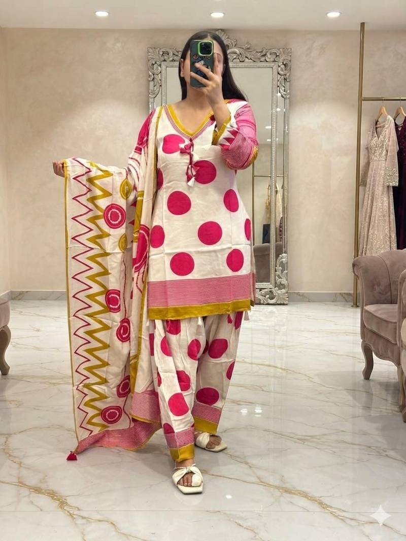 Floral printed pure cotton v neck kurta trouser & dupatta set