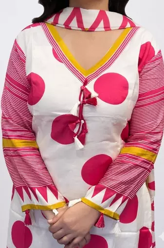 Floral printed pure cotton v neck kurta trouser & dupatta set