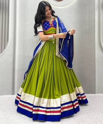 Parrot Green Embroidery sequin ribbin and lampi lace Work Cotton Lehenga Choli Set 2