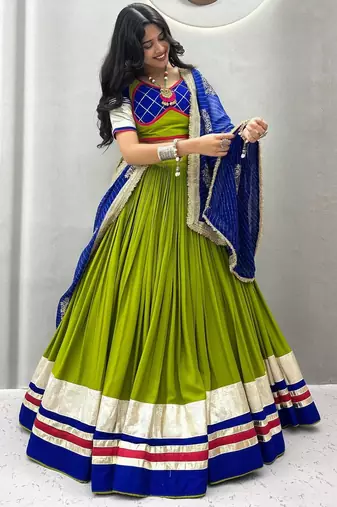 Parrot Green Embroidery sequin ribbin and lampi lace Work Cotton Lehenga Choli Set