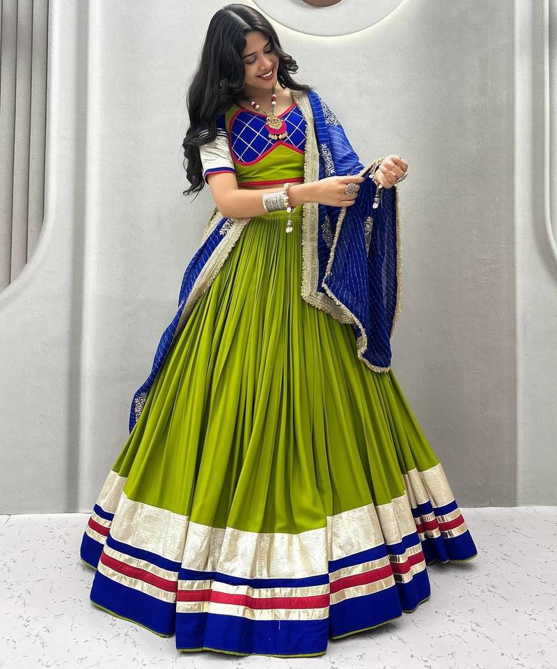 Parrot Green Embroidery sequin ribbin and lampi lace Work Cotton Lehenga Choli Set