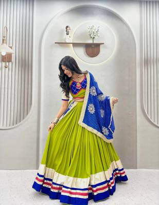 Parrot Green Embroidery sequin ribbin and lampi lace Work Cotton Lehenga Choli Set 3