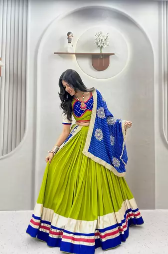 Parrot Green Embroidery sequin ribbin and lampi lace Work Cotton Lehenga Choli Set