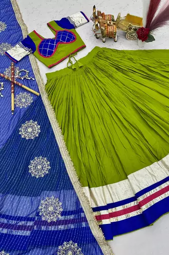 Parrot Green Embroidery sequin ribbin and lampi lace Work Cotton Lehenga Choli Set