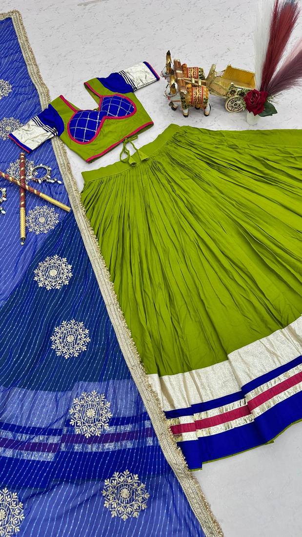 Parrot Green Embroidery sequin ribbin and lampi lace Work Cotton Lehenga Choli Set