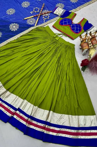 Parrot Green Embroidery sequin ribbin and lampi lace Work Cotton Lehenga Choli Set