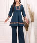 Floral embroidered pure cotton v neck co-ord set