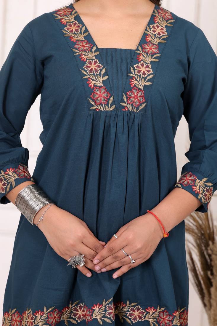 Floral embroidered pure cotton v neck co-ord set