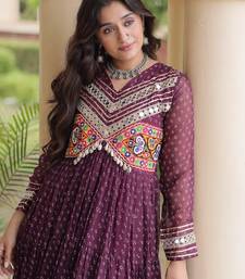 Maroon georgette readymade navratri anarkali with bandhani & kutchi patchework