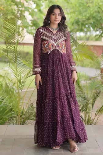 Maroon georgette readymade navratri anarkali with bandhani & kutchi patchework