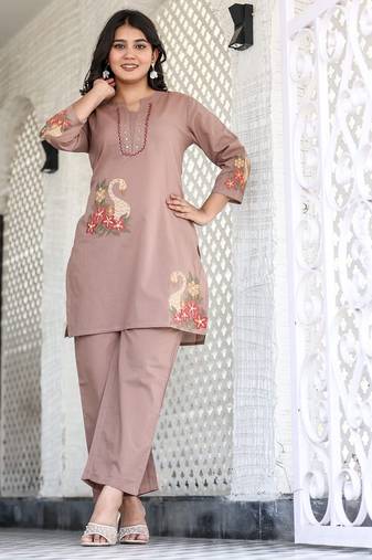 Floral embroidered pure cotton round neck co-ord set