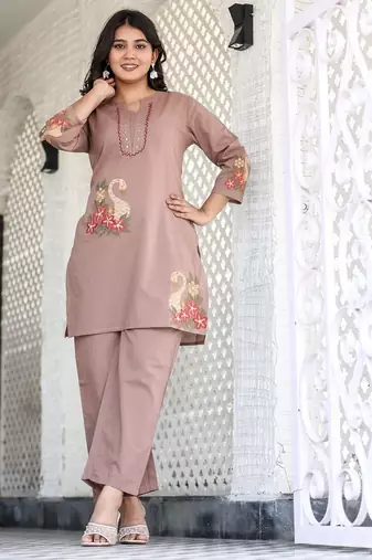 Floral embroidered pure cotton round neck co-ord set