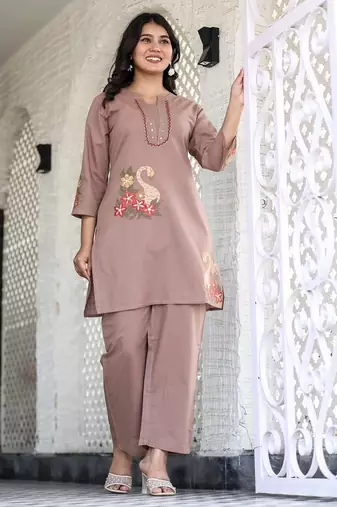 Floral embroidered pure cotton round neck co-ord set