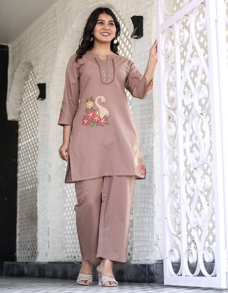 Floral embroidered pure cotton round neck co-ord set
