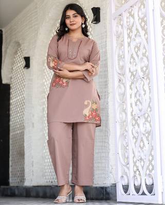 Floral embroidered pure cotton round neck co-ord set 3