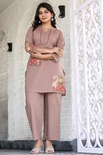 Floral embroidered pure cotton round neck co-ord set