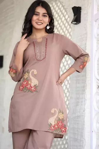 Floral embroidered pure cotton round neck co-ord set