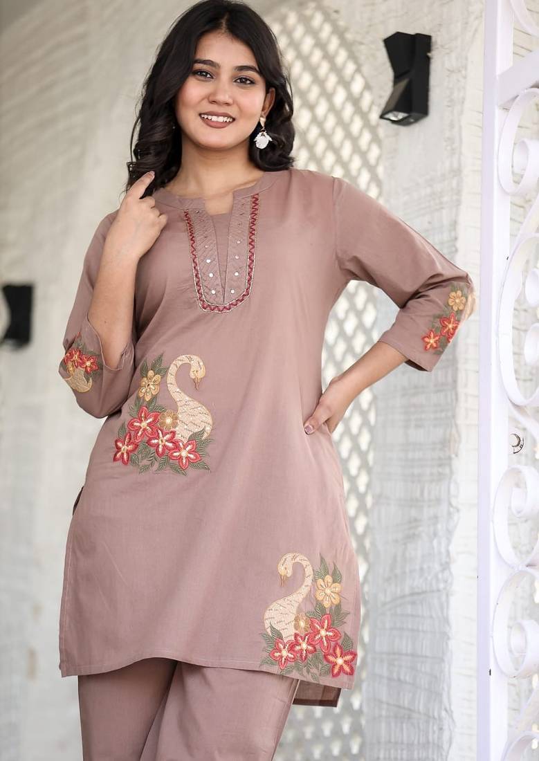 Floral embroidered pure cotton round neck co-ord set