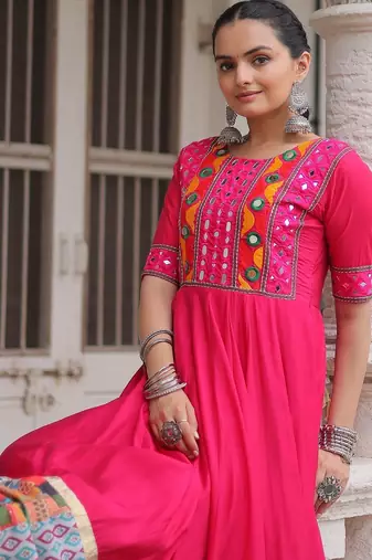 Rani silk blend readymade navratri anarkali with multi thread & mirror work
