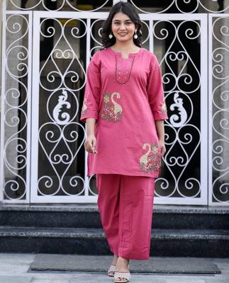 Floral embroidered pure cotton round neck co-ord set 1