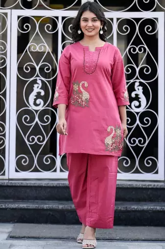 Floral embroidered pure cotton round neck co-ord set