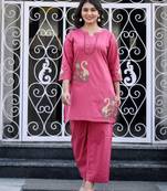 Floral embroidered pure cotton round neck co-ord set