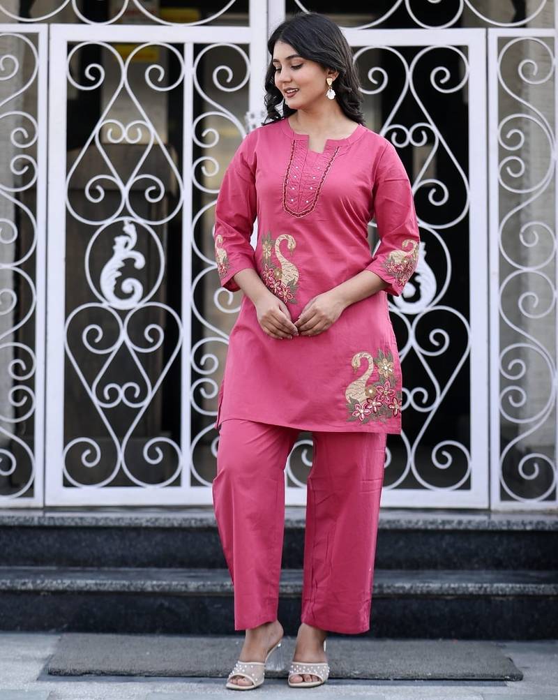 Floral embroidered pure cotton round neck co-ord set
