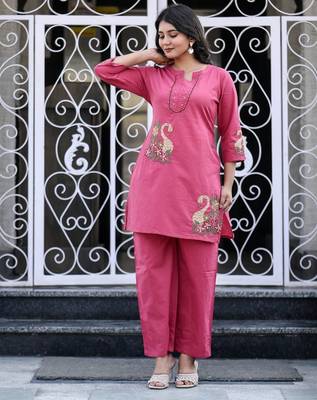 Floral embroidered pure cotton round neck co-ord set 3