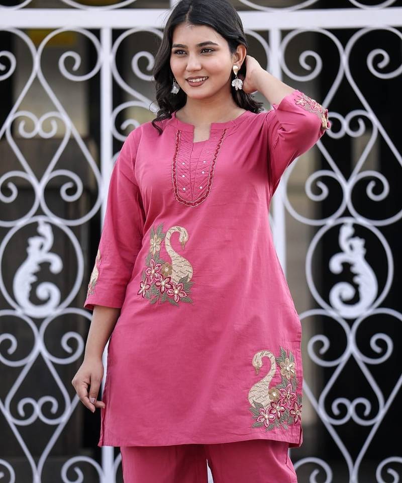 Floral embroidered pure cotton round neck co-ord set