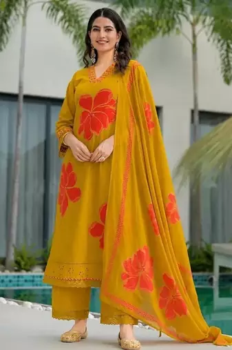 Floral printed pure cotton v neck kurta trouser & dupatta set