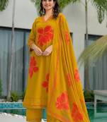 Floral printed pure cotton v neck kurta trouser & dupatta set