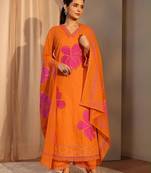 Floral printed pure cotton v neck kurta trouser & dupatta set