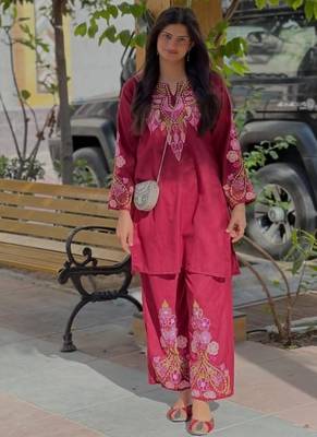 Floral embroidered pure cotton round neck co-ord set 1