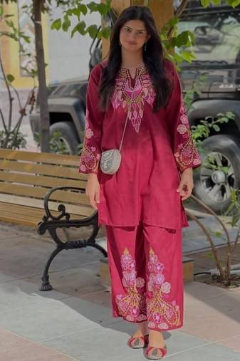 Floral embroidered pure cotton round neck co-ord set