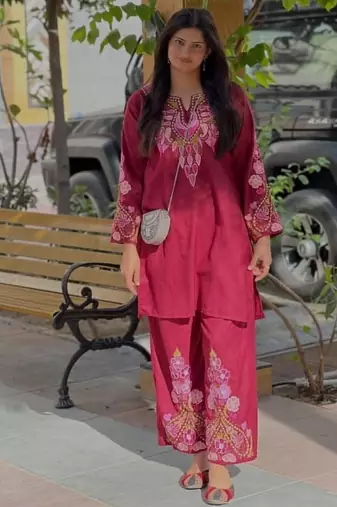 Floral embroidered pure cotton round neck co-ord set