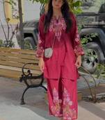 Floral embroidered pure cotton round neck co-ord set