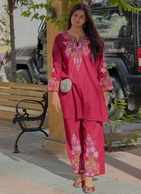 Floral embroidered pure cotton round neck co-ord set 2